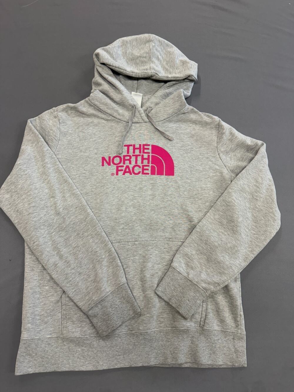 The North Face Women's Large Gray Pink Pullover Hoodie Sweatshirt Cotton Blend